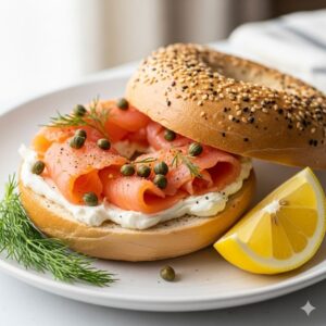 סלמון מעושן על בייגל עם צלפים