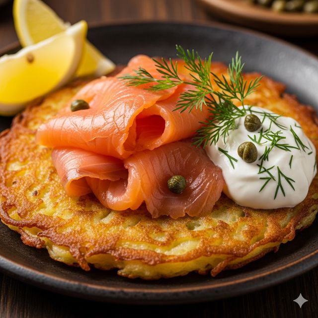 סלמון מעושן על פנקייק תפוחי אדמה